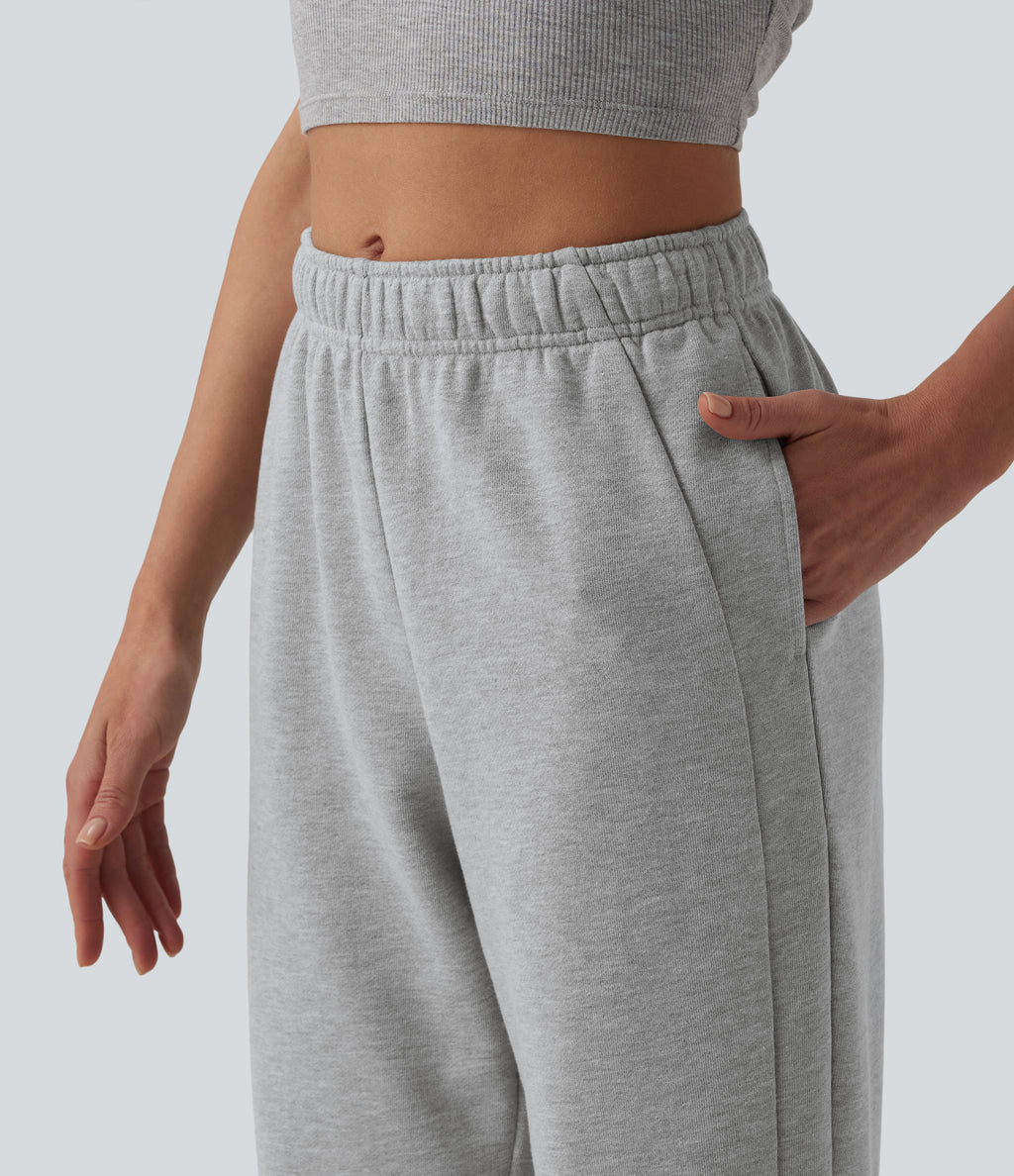 Mid Rise Inner Drawstring Tapered Casual Cotton Sweatpants with Pockets — Fog Gray — view 4