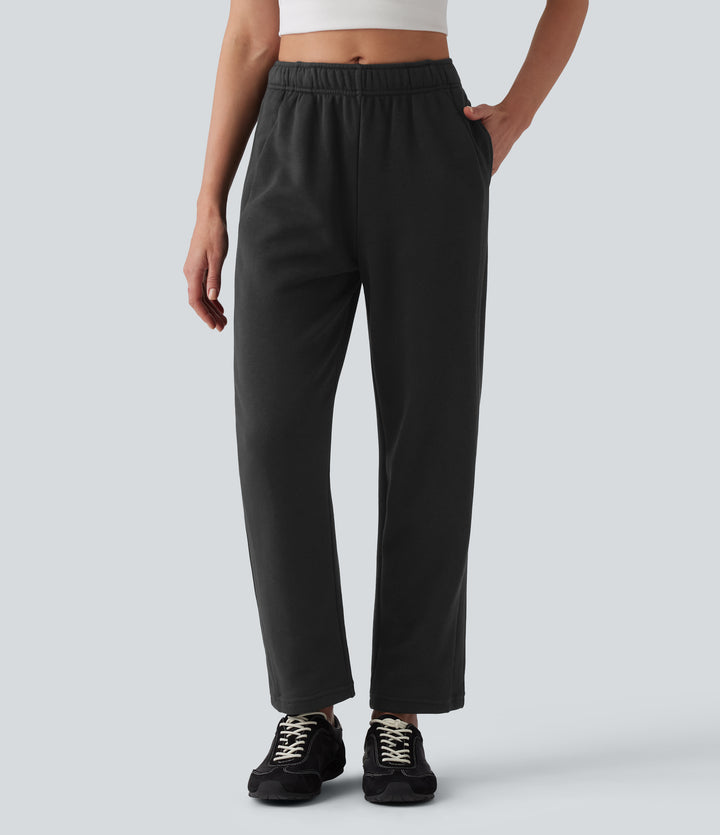 Mid Rise Inner Drawstring Tapered Casual Cotton Sweatpants with Pockets — Black — view 7