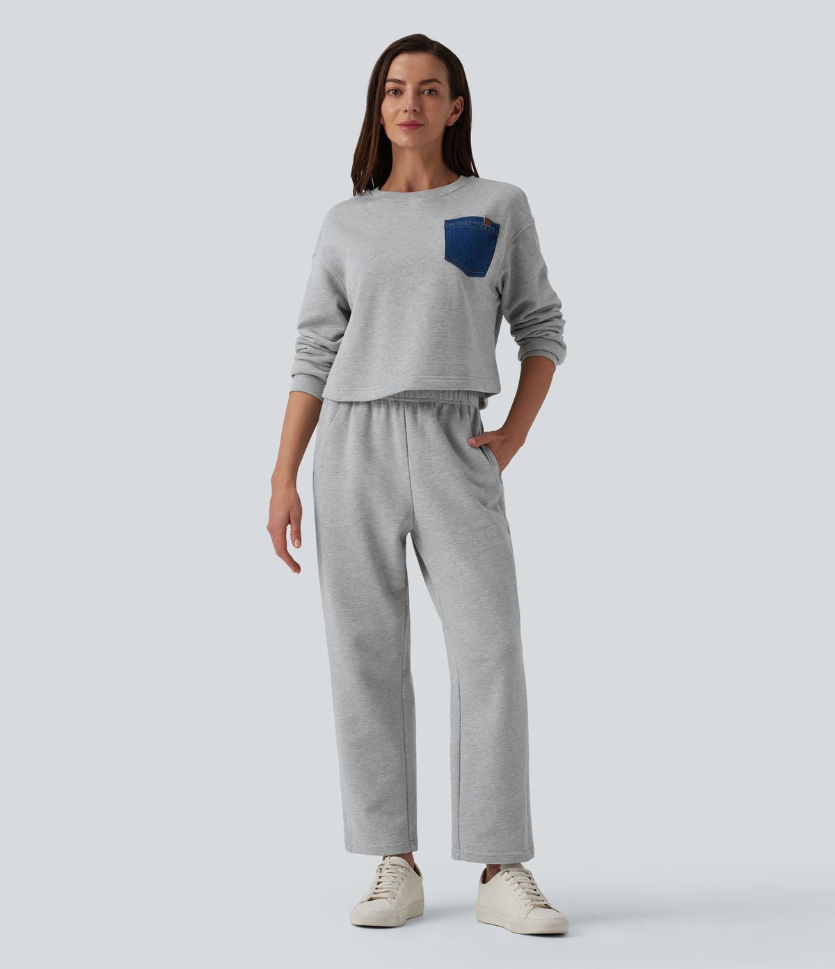 Mid Rise Inner Drawstring Tapered Casual Cotton Sweatpants with Pockets — Fog Gray — view 5