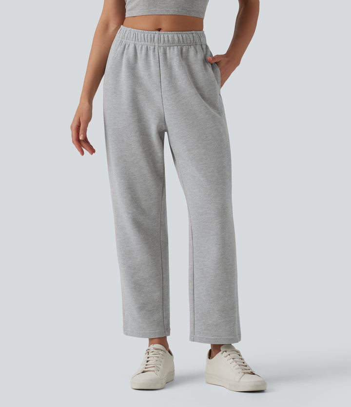 Mid Rise Inner Drawstring Tapered Casual Cotton Sweatpants with Pockets — Fog Gray — view 1