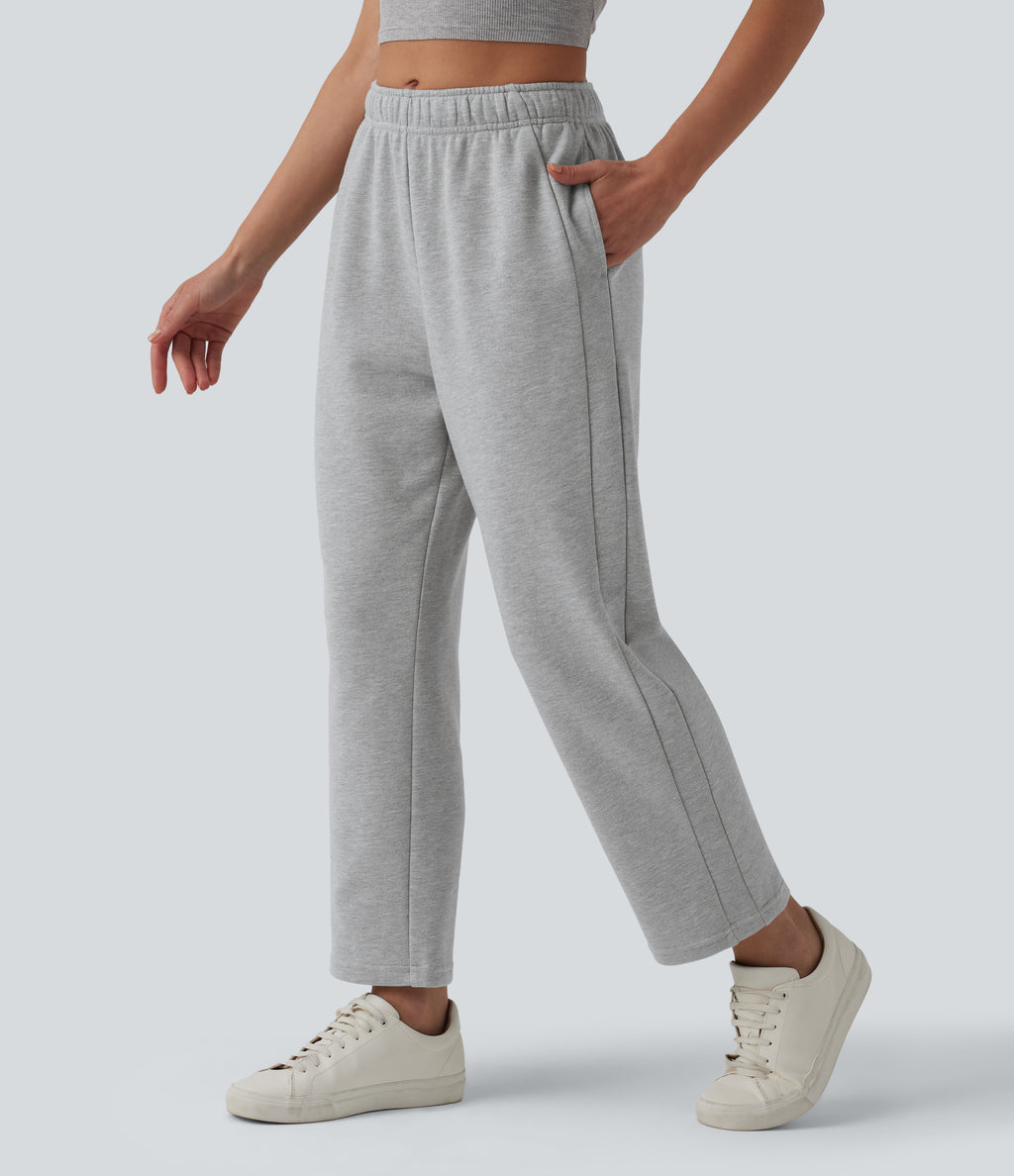 Mid Rise Inner Drawstring Tapered Casual Cotton Sweatpants with Pockets — Fog Gray — view 3