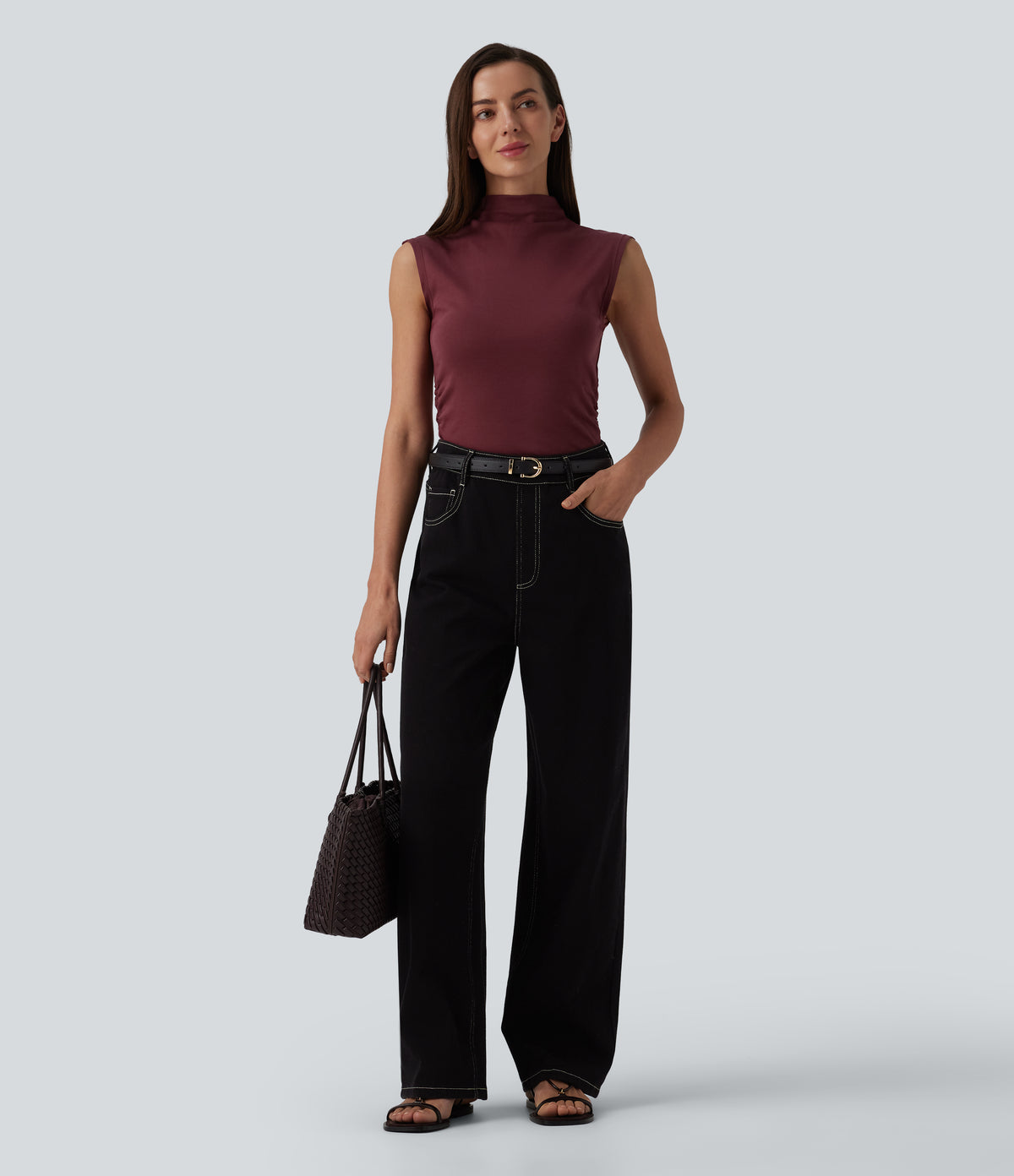 Mock Neck Work Pima Cotton Tank Top — New Maroon — view 5