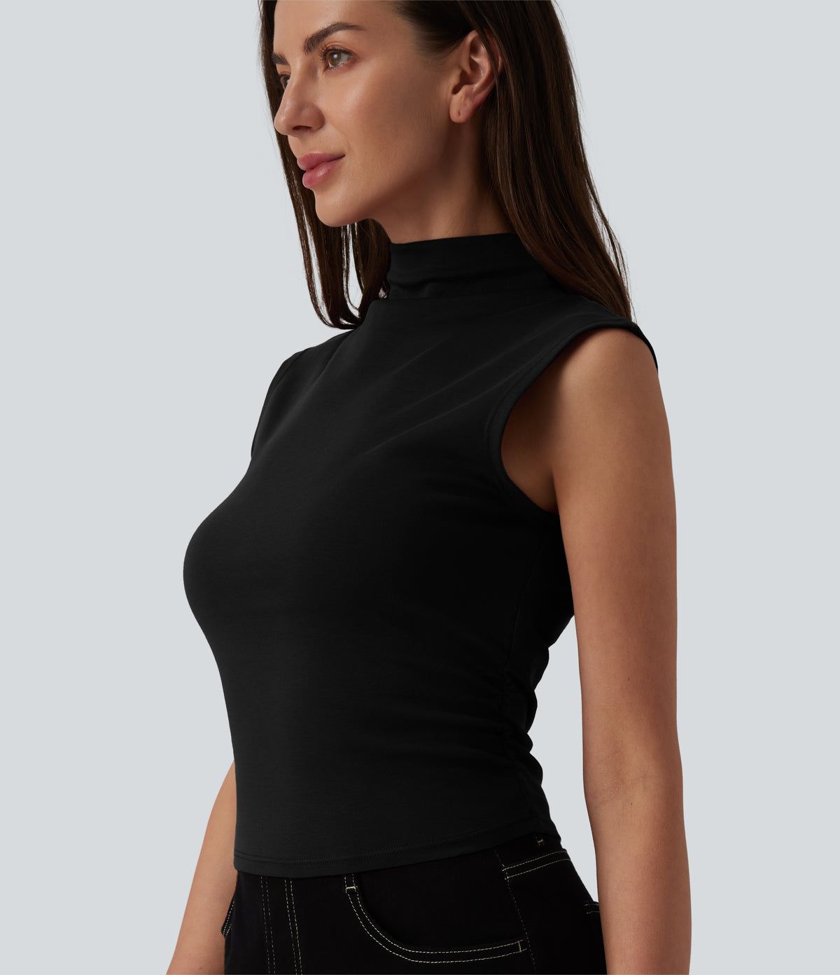 Mock Neck Work Pima Cotton Tank Top — Black — view 6