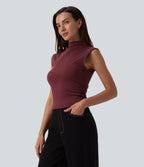 Mock Neck Work Pima Cotton Tank Top — New Maroon — view 4