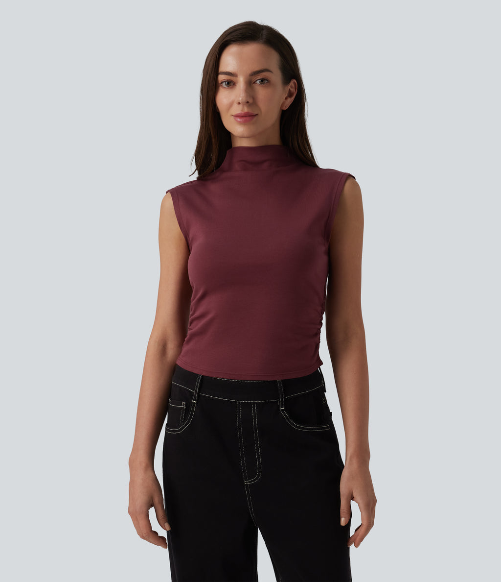 Mock Neck Work Pima Cotton Tank Top — New Maroon — view 3