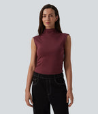 Mock Neck Work Pima Cotton Tank Top — New Maroon — view 3