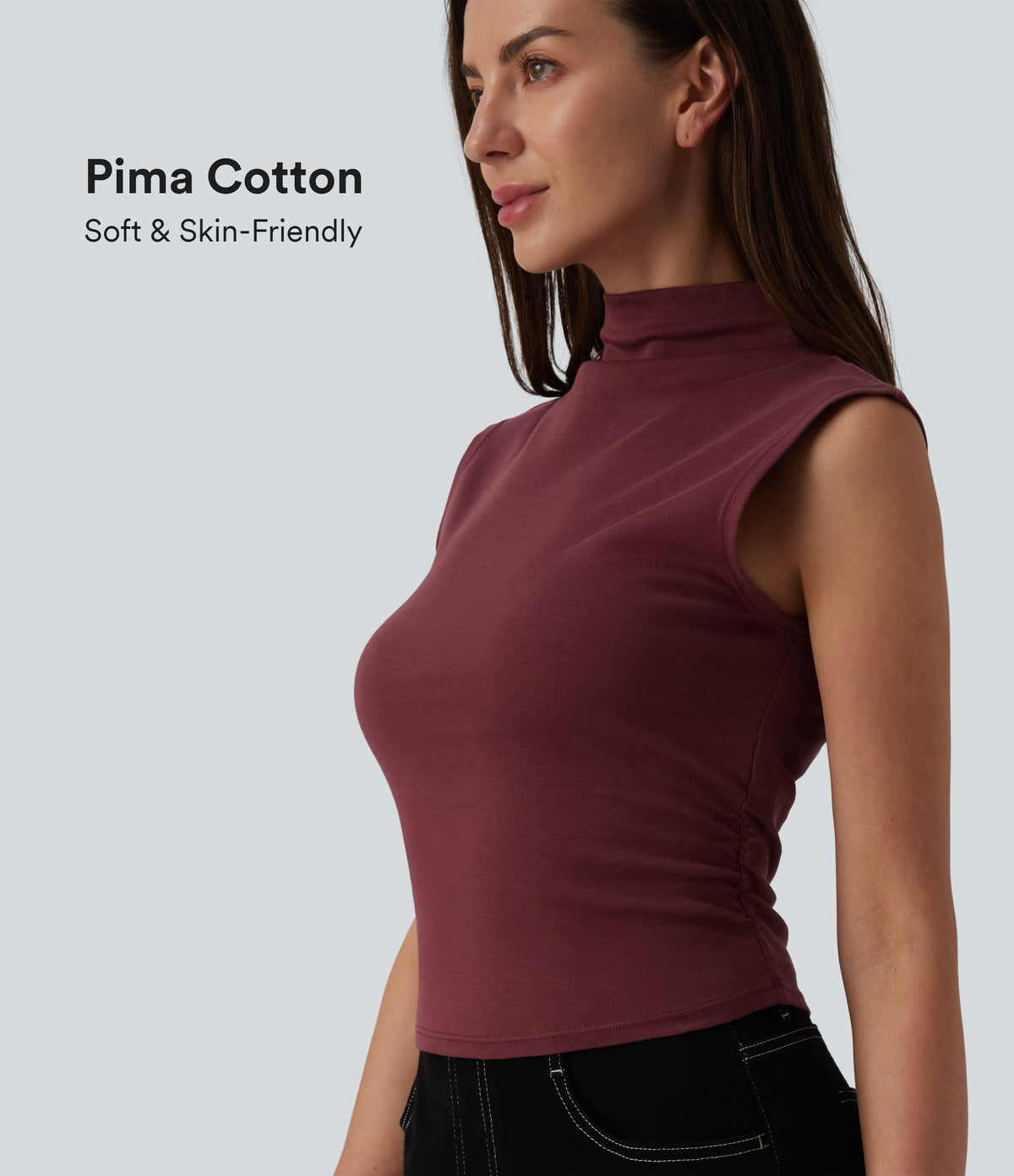 Mock Neck Work Pima Cotton Tank Top — New Maroon — view 1