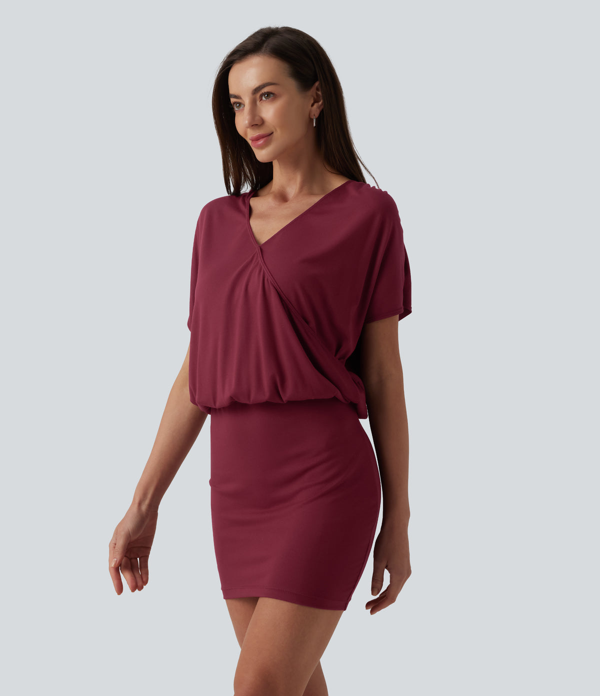 V Neck Short Sleeve Tie Back Bodycon Micro Mini Casual Dress — Tibetan Red — view 3