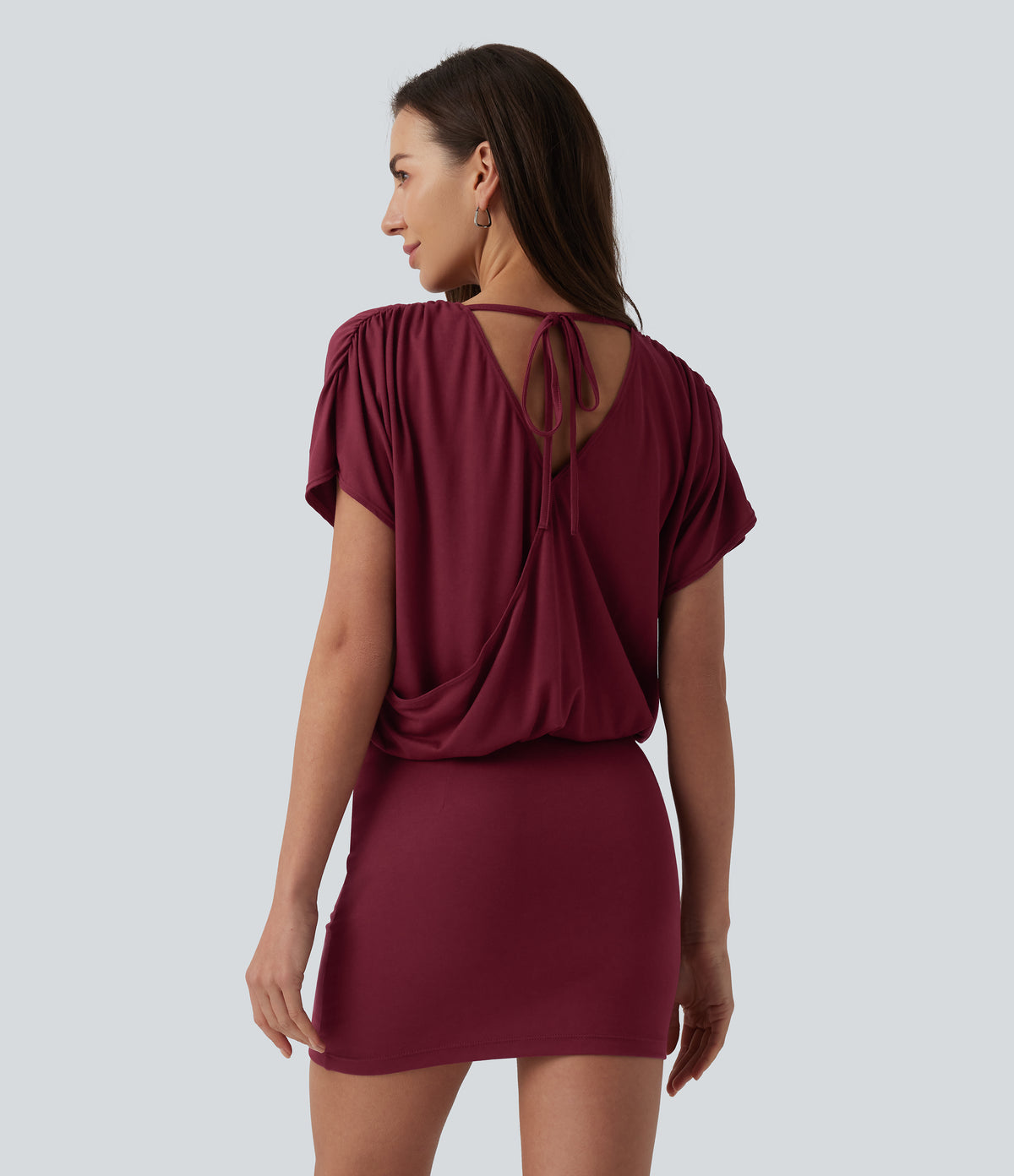 V Neck Short Sleeve Tie Back Bodycon Micro Mini Casual Dress — Tibetan Red — view 2