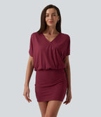V Neck Short Sleeve Tie Back Bodycon Micro Mini Casual Dress — Tibetan Red — view 1
