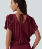 V Neck Short Sleeve Tie Back Bodycon Micro Mini Casual Dress — Tibetan Red — view 4