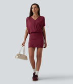 V Neck Short Sleeve Tie Back Bodycon Micro Mini Casual Dress — Tibetan Red — view 6