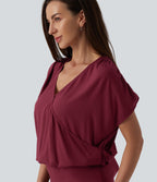 V Neck Short Sleeve Tie Back Bodycon Micro Mini Casual Dress — Tibetan Red — view 5