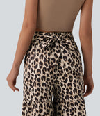 Mid Rise Tie Front Baggy Leopard Print Casual Trousers with Pockets — Gold Leopard Print — view 7