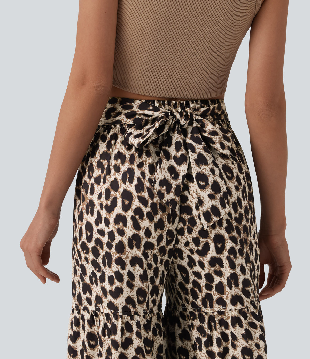Mid Rise Tie Front Baggy Leopard Print Casual Trousers with Pockets — Gold Leopard Print — view 7