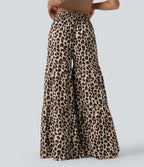 Mid Rise Tie Front Baggy Leopard Print Casual Trousers with Pockets — Gold Leopard Print — view 2