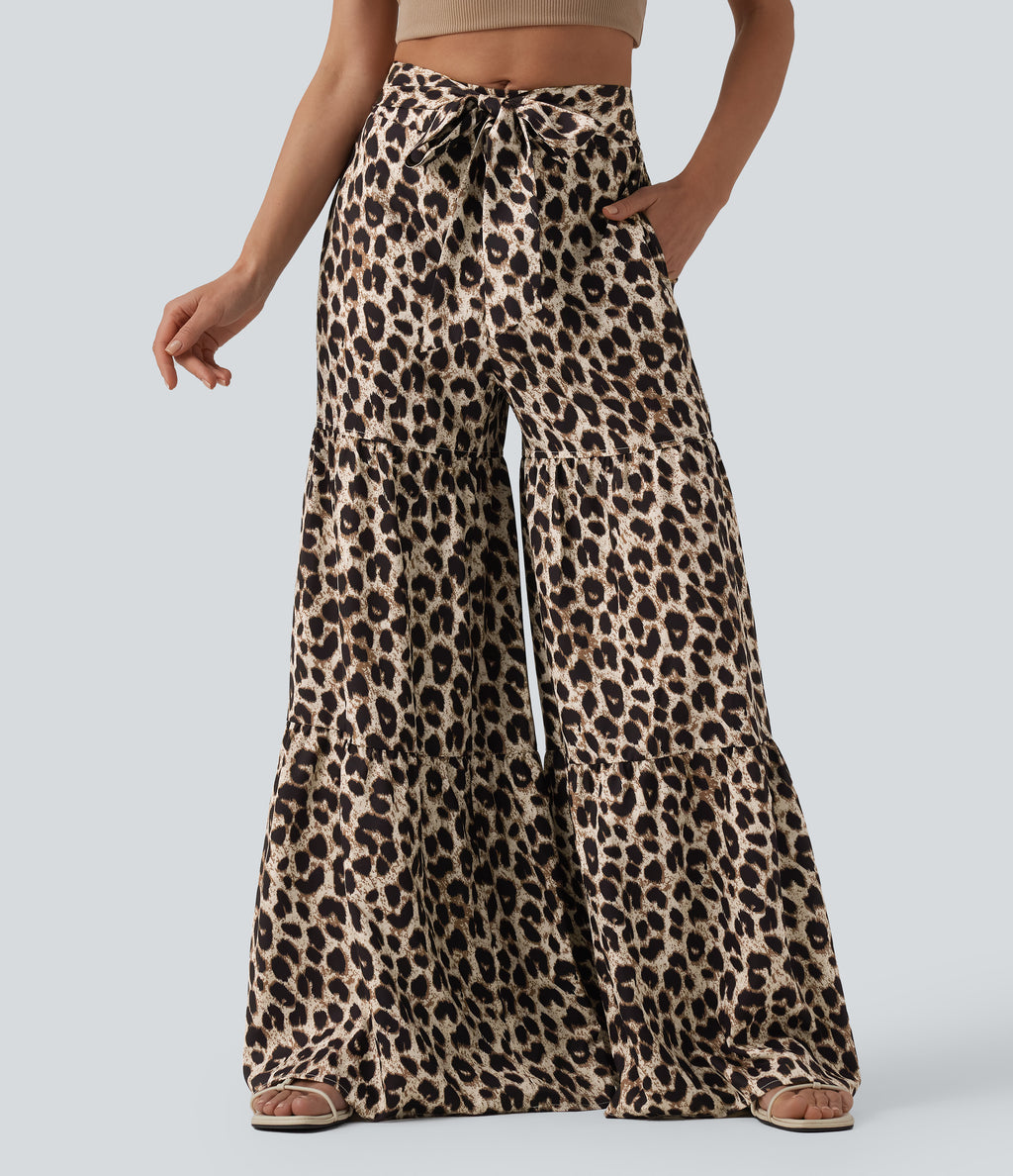 Mid Rise Tie Front Baggy Leopard Print Casual Trousers with Pockets — Gold Leopard Print — view 1