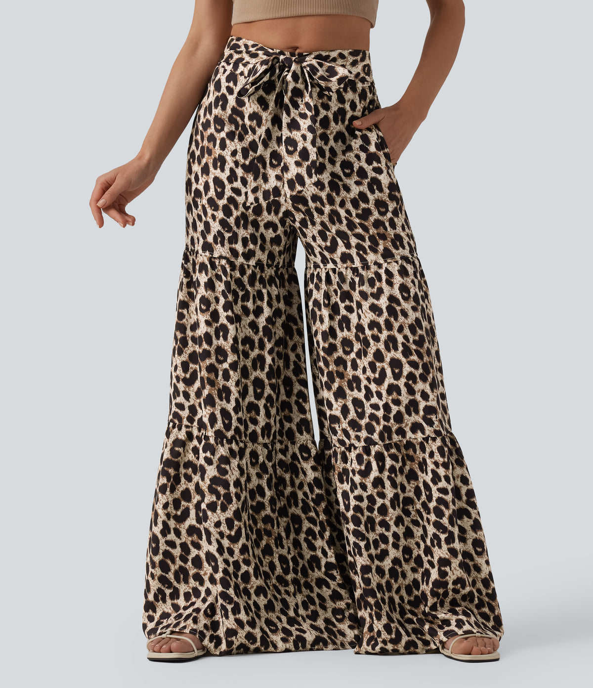 Mid Rise Tie Front Baggy Leopard Print Casual Trousers with Pockets — Gold Leopard Print — view 1