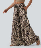 Mid Rise Tie Front Baggy Leopard Print Casual Trousers with Pockets — Gold Leopard Print — view 4
