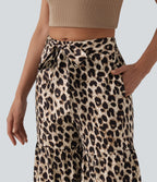 Mid Rise Tie Front Baggy Leopard Print Casual Trousers with Pockets — Gold Leopard Print — view 5