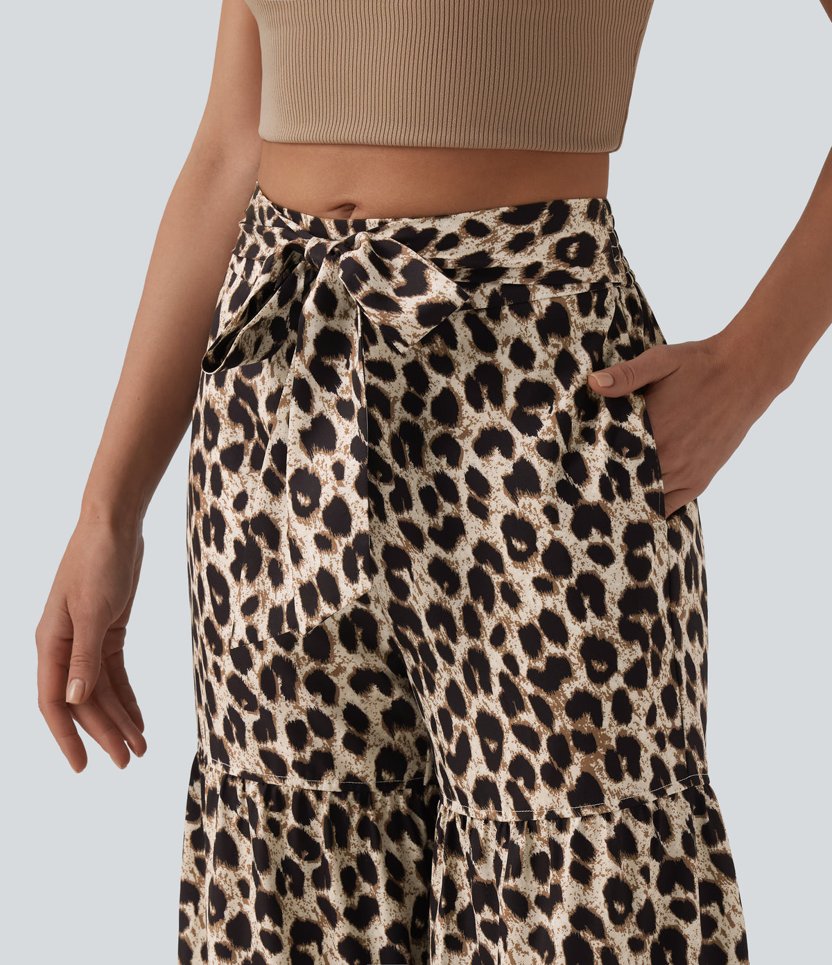 Mid Rise Tie Front Baggy Leopard Print Casual Trousers with Pockets — Gold Leopard Print — view 5