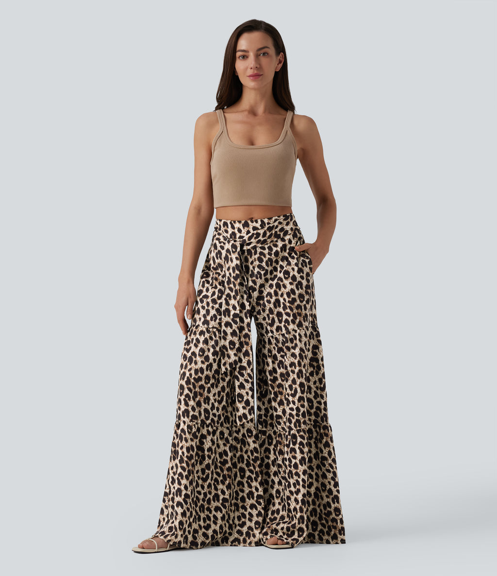 Mid Rise Tie Front Baggy Leopard Print Casual Trousers with Pockets — Gold Leopard Print — view 8