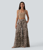 Mid Rise Tie Front Baggy Leopard Print Casual Trousers with Pockets — Gold Leopard Print — view 8