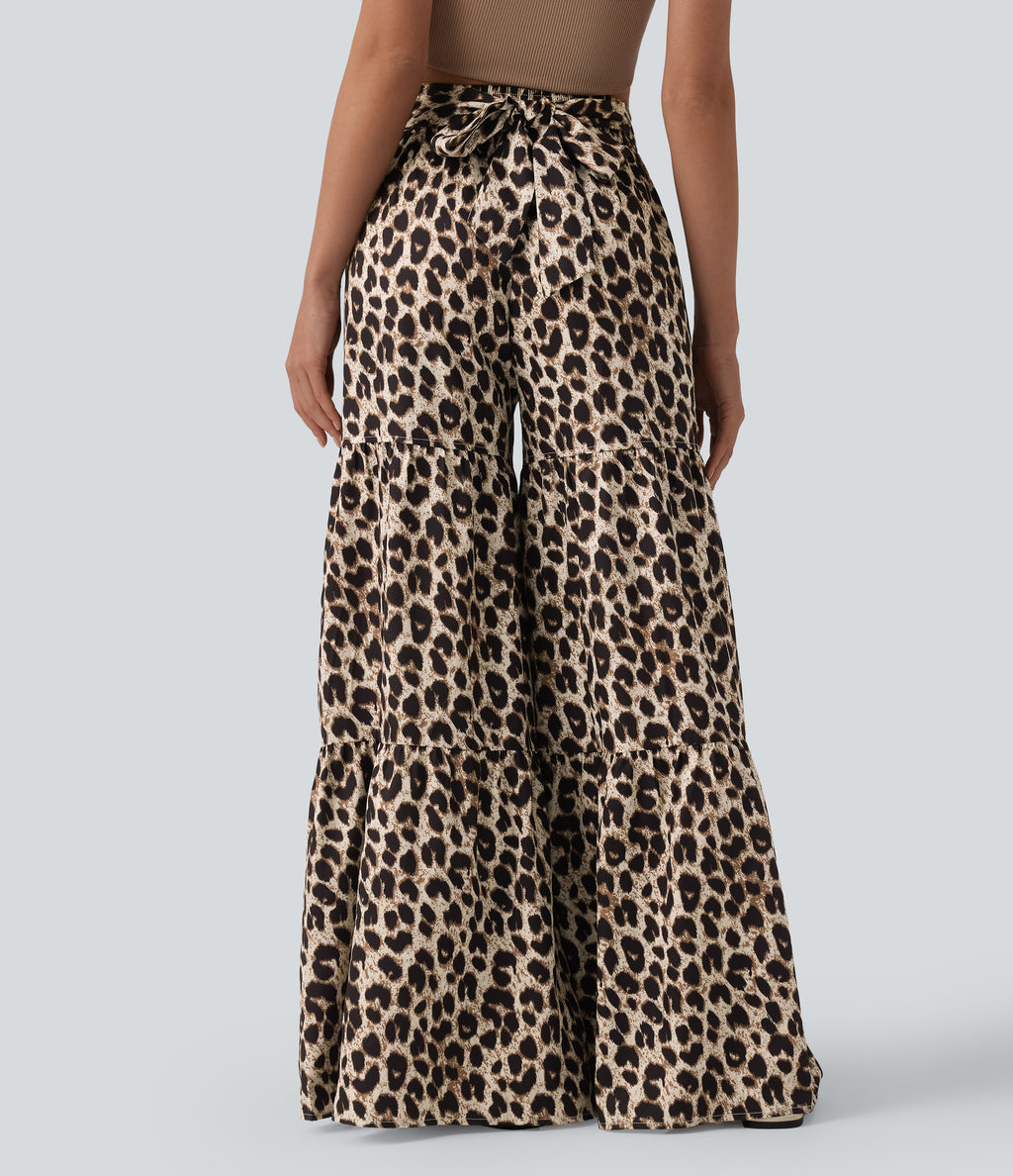 Mid Rise Tie Front Baggy Leopard Print Casual Trousers with Pockets — Gold Leopard Print — view 3