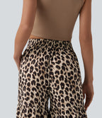 Mid Rise Tie Front Baggy Leopard Print Casual Trousers with Pockets — Gold Leopard Print — view 6