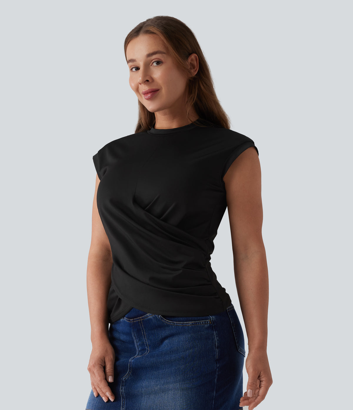 Round Neck Cap Sleeve Crossover Hem Casual Top — Black — view 4