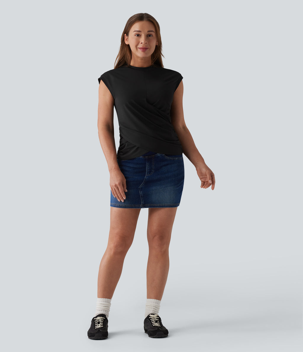Round Neck Cap Sleeve Crossover Hem Casual Top — Black — view 5