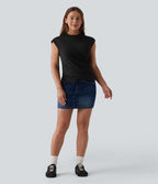 Round Neck Cap Sleeve Crossover Hem Casual Top — Black — view 5