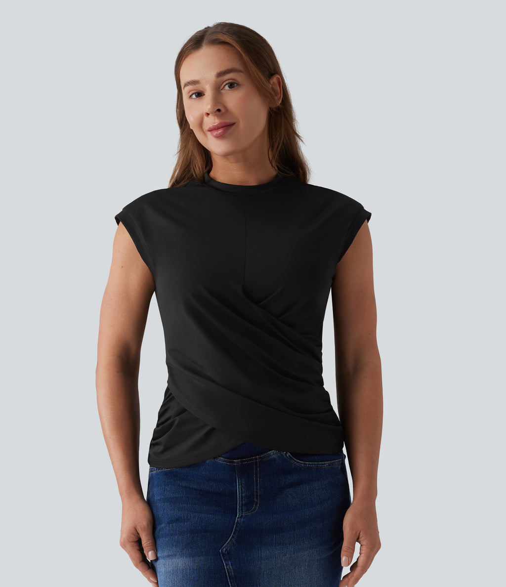Round Neck Cap Sleeve Crossover Hem Casual Top — Black — view 3