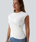 Round Neck Cap Sleeve Crossover Hem Casual Top — White — view 6