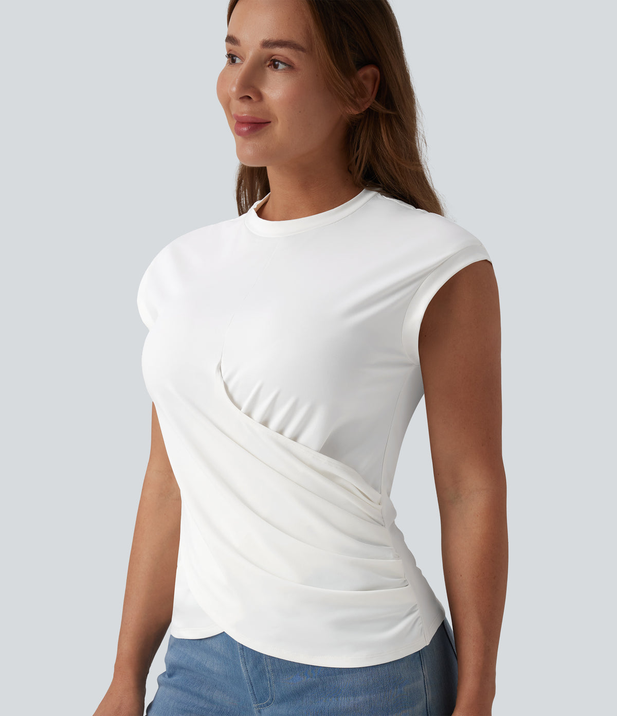 Round Neck Cap Sleeve Crossover Hem Casual Top — White — view 6