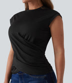 Round Neck Cap Sleeve Crossover Hem Casual Top — Black — view 1