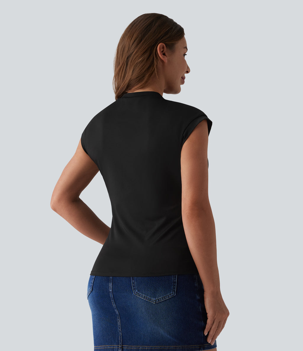 Round Neck Cap Sleeve Crossover Hem Casual Top — Black — view 2