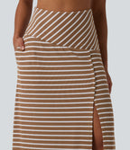 Ribbed Knit High Waisted Tummy Control Stripe Maxi Casual Skirt with Pocket — Birch Stripe — view 4
