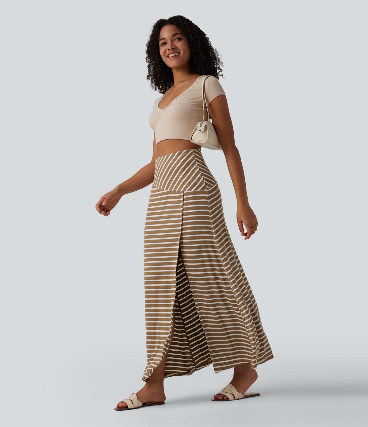 Ribbed Knit High Waisted Tummy Control Stripe Maxi Casual Skirt with Pocket — Birch Stripe — view 6