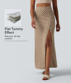 Ribbed Knit High Waisted Tummy Control Stripe Maxi Casual Skirt with Pocket — Birch Stripe — view 1