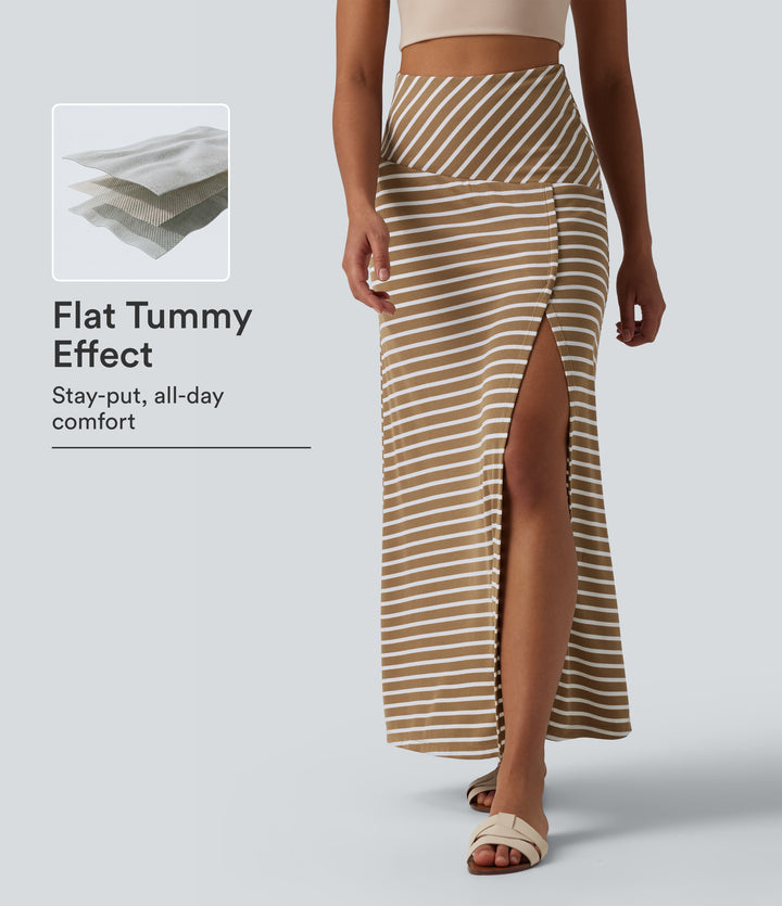 Ribbed Knit High Waisted Tummy Control Stripe Maxi Casual Skirt with Pocket — Birch Stripe — view 1