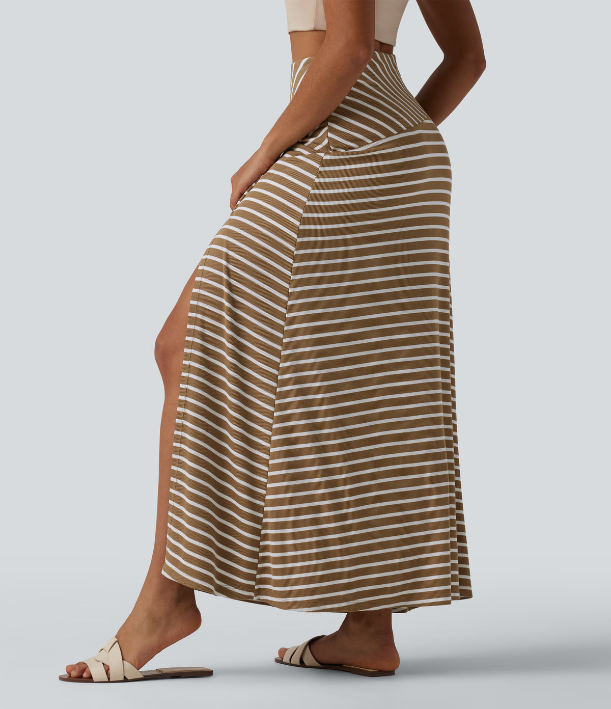 Ribbed Knit High Waisted Tummy Control Stripe Maxi Casual Skirt with Pocket — Birch Stripe — view 2