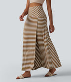 Ribbed Knit High Waisted Tummy Control Stripe Maxi Casual Skirt with Pocket — Birch Stripe — view 3