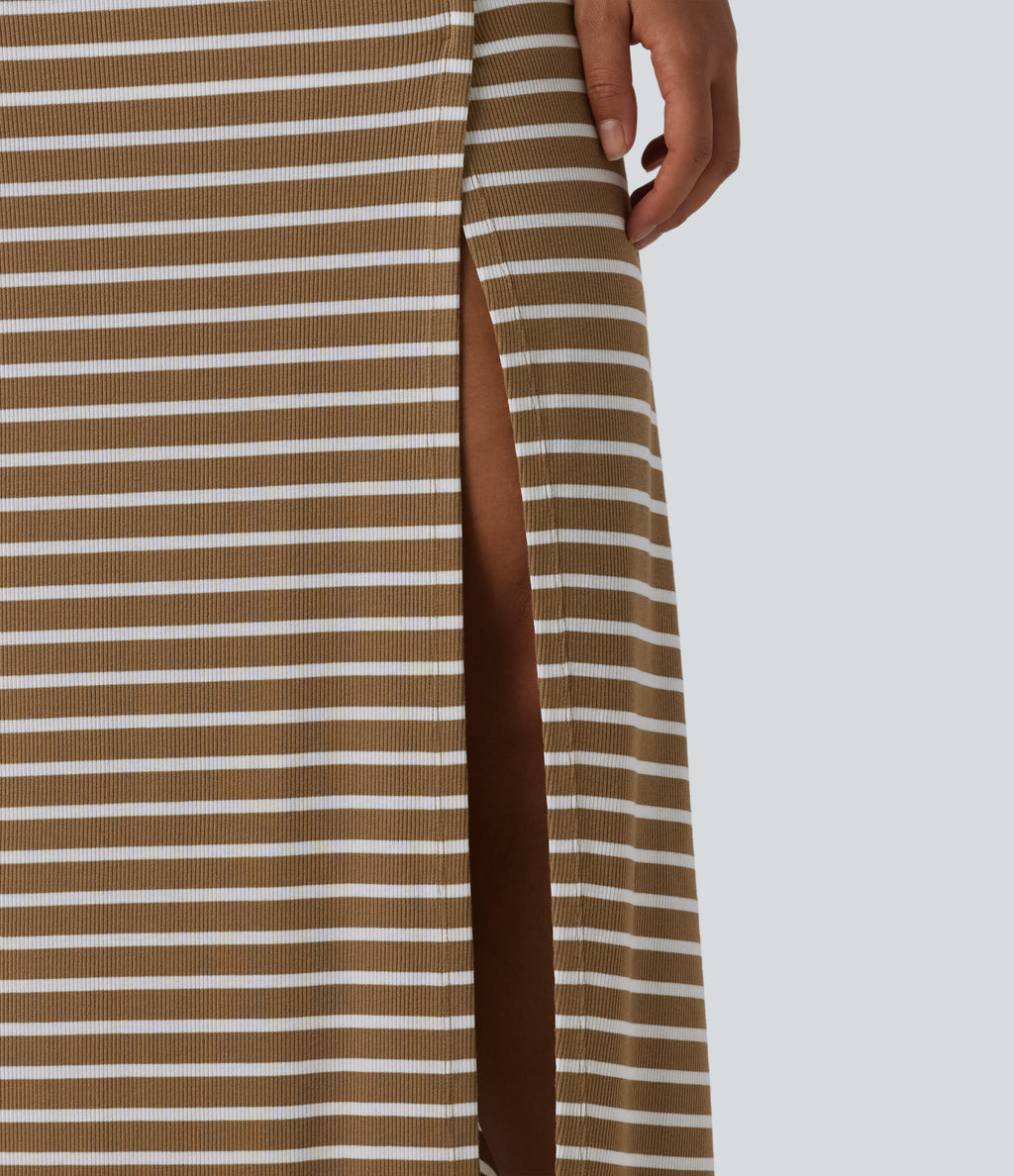 Ribbed Knit High Waisted Tummy Control Stripe Maxi Casual Skirt with Pocket — Birch Stripe — view 5