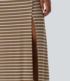 Ribbed Knit High Waisted Tummy Control Stripe Maxi Casual Skirt with Pocket — Birch Stripe — view 5