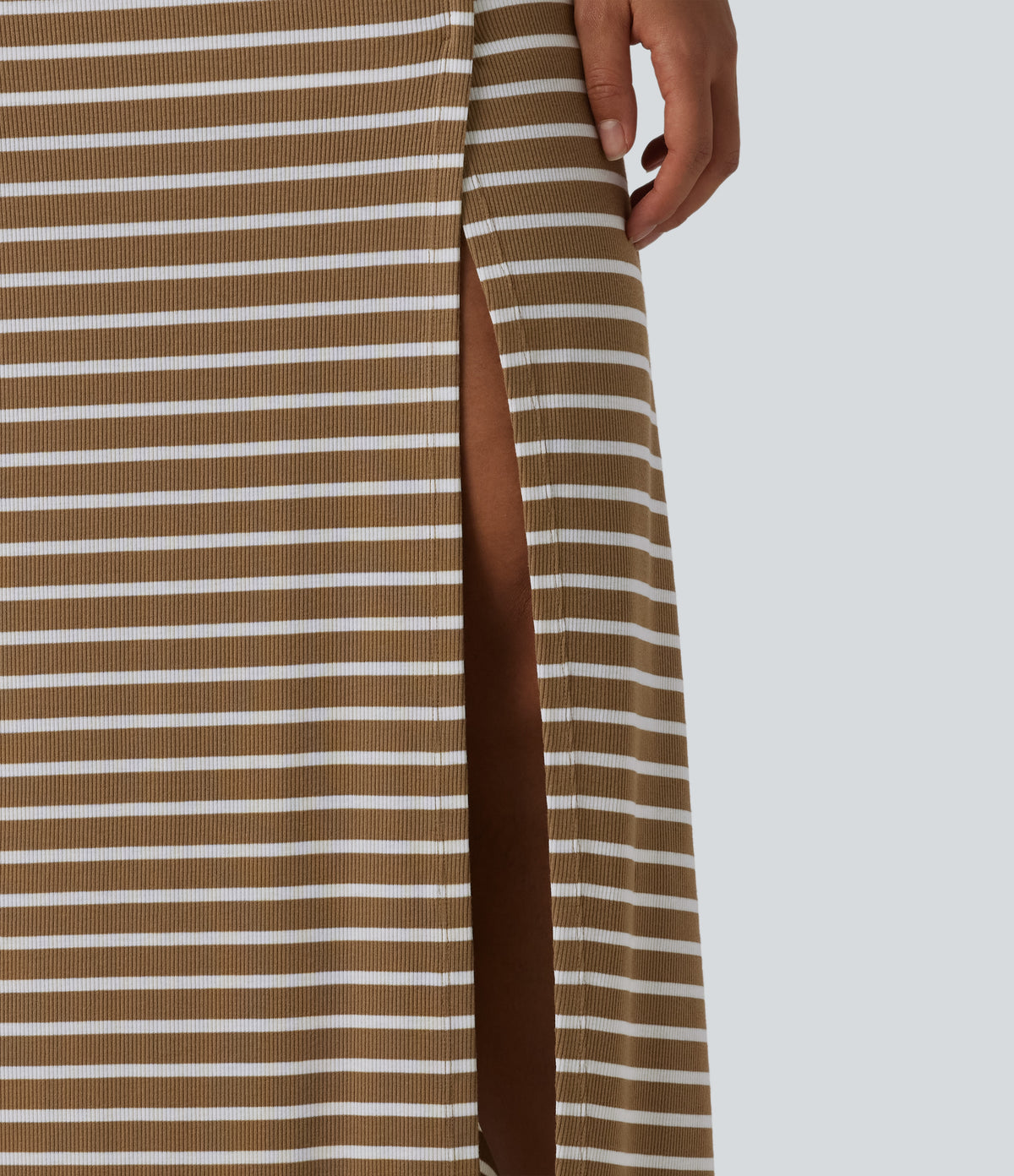 Ribbed Knit High Waisted Tummy Control Stripe Maxi Casual Skirt with Pocket — Birch Stripe — view 5