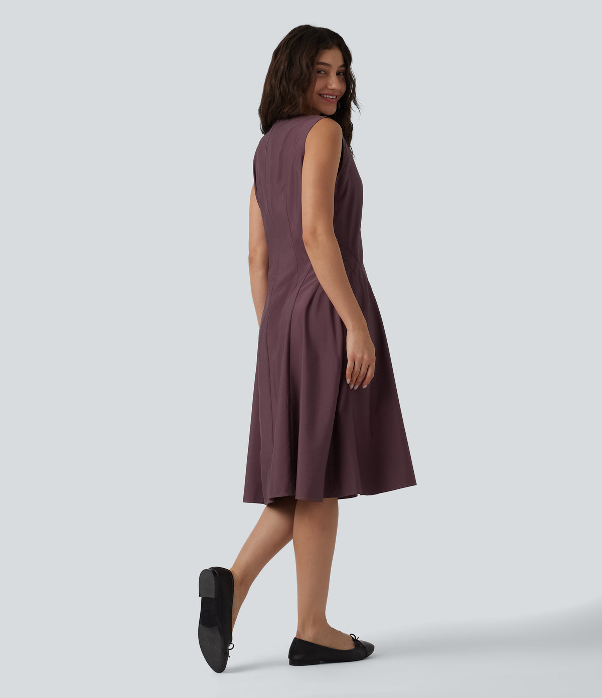 Notched Sleeveless Midi Work Flare Dress with Pockets — Mauve Wine — view 2