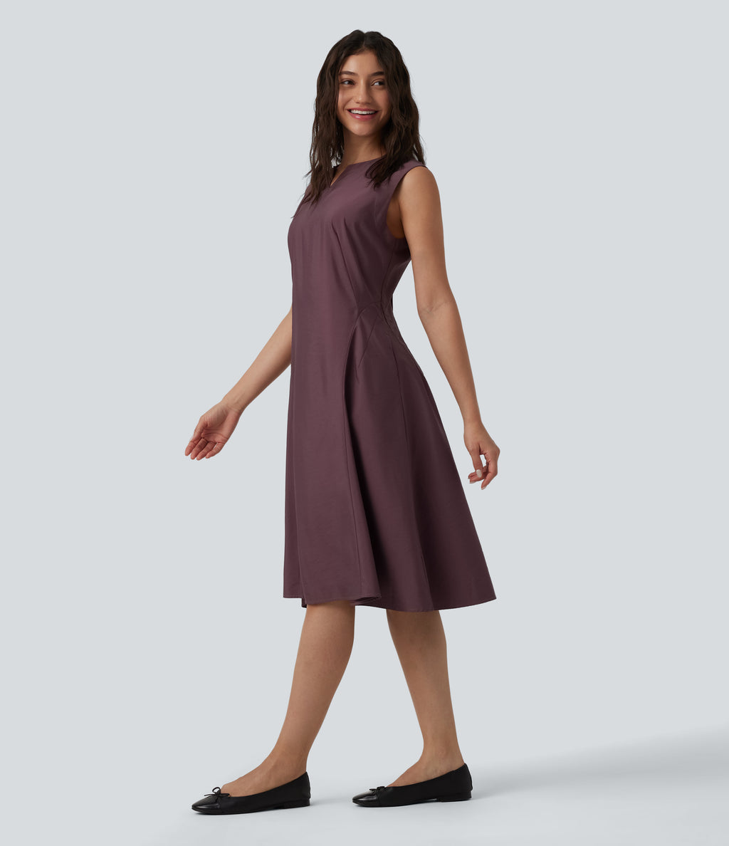 Notched Sleeveless Midi Work Flare Dress with Pockets — Mauve Wine — view 3