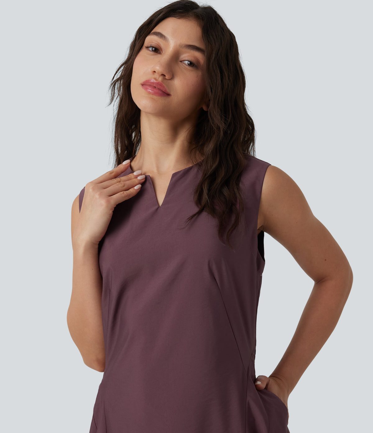 Notched Sleeveless Midi Work Flare Dress with Pockets — Mauve Wine — view 4