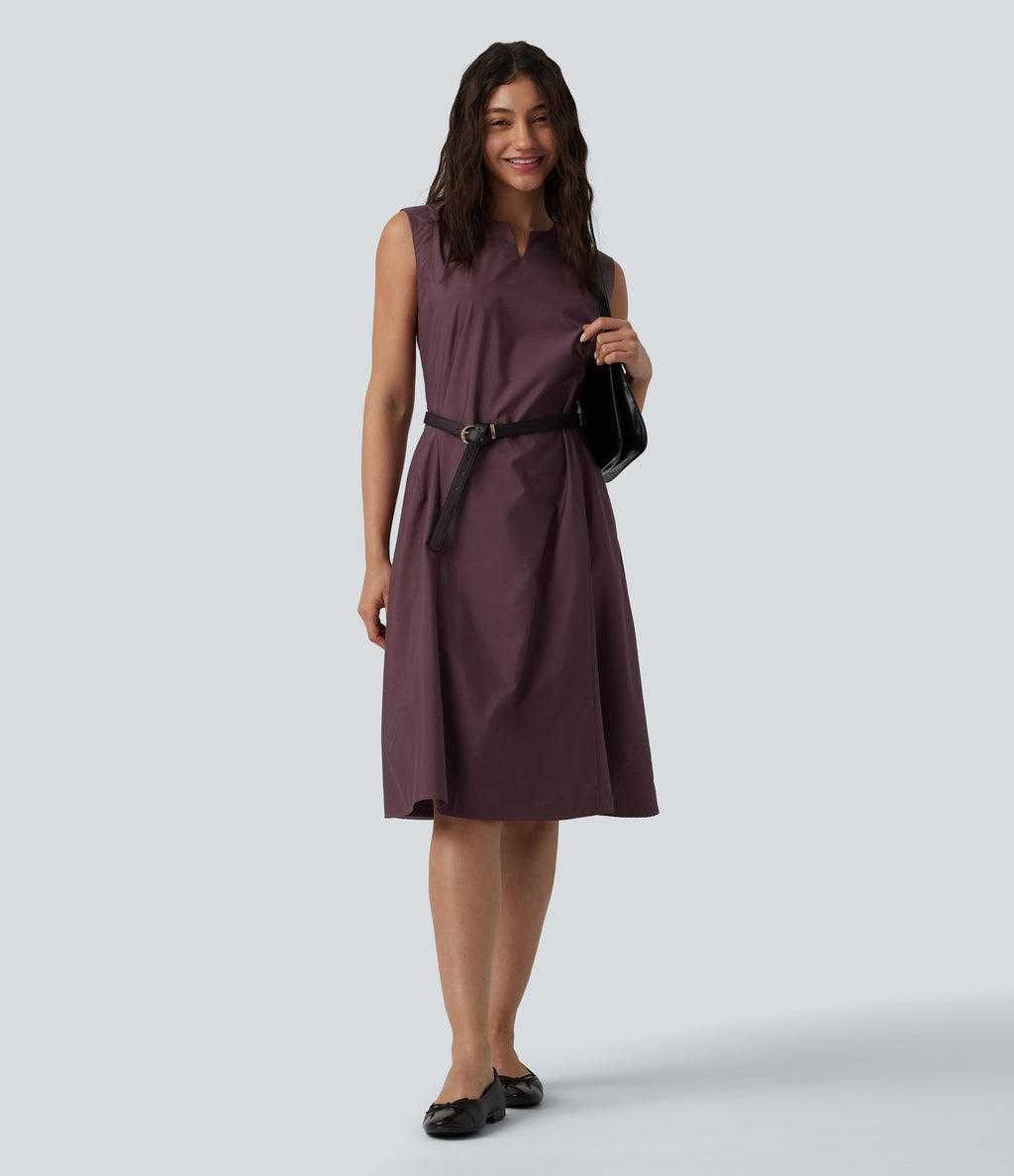 Notched Sleeveless Midi Work Flare Dress with Pockets — Mauve Wine — view 6